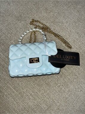 Deluxity Light Blue Quilted Mini Crossbody with Pearl Handle